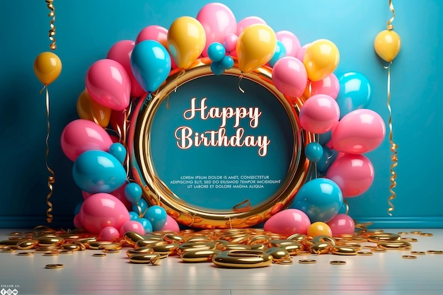 Flat golden circle and balloons birthday background