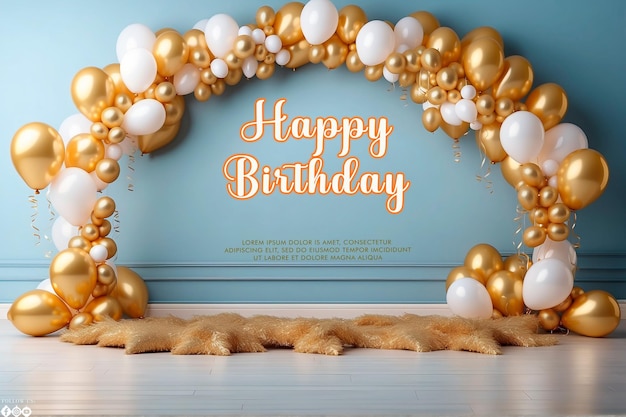 Flat golden circle and balloons birthday background