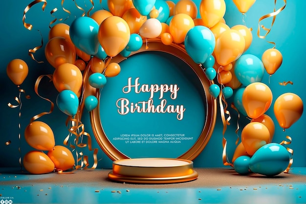 Flat golden circle and balloons birthday background