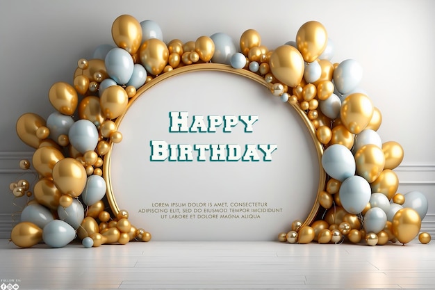 Flat golden circle and balloons birthday background