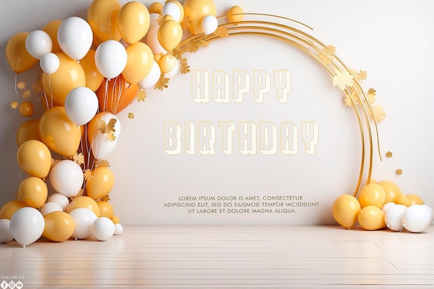 Flat golden circle and balloons birthday background