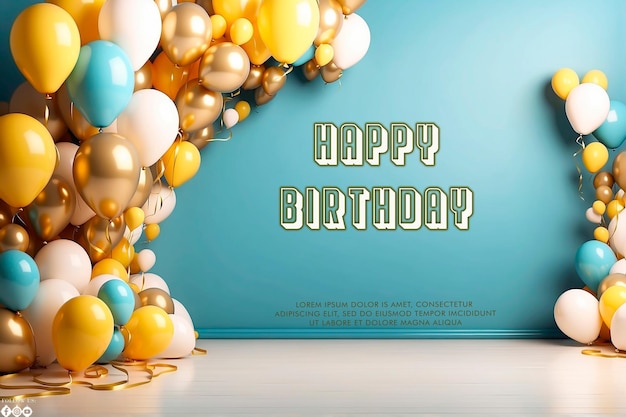 Flat golden circle and balloons birthday background