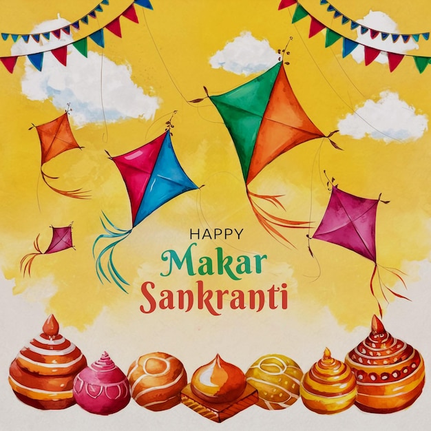 flat happy makar sankranti watercolour illustration