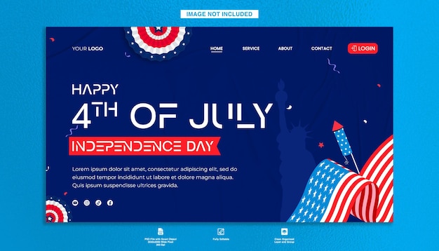 PSD flat horizontal web banner template for american 4th of july celebration