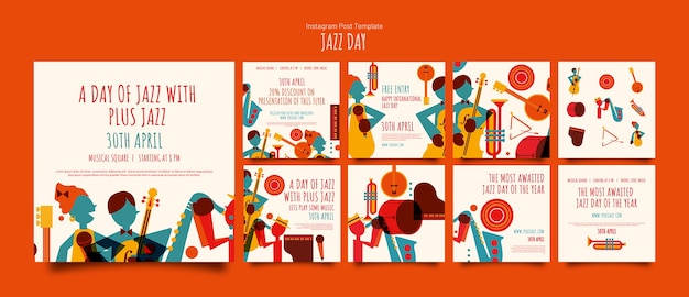 PSD flat jazz day instagram post template set