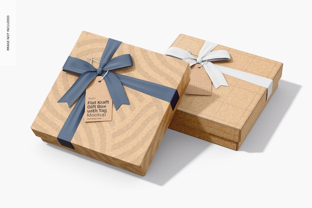 Flat Kraft Gift Boxes with Tag Mockup Leaned