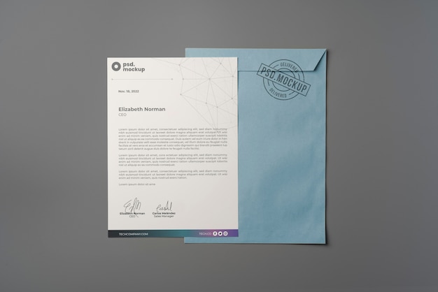 PSD flat lay over a4 envelope mockup