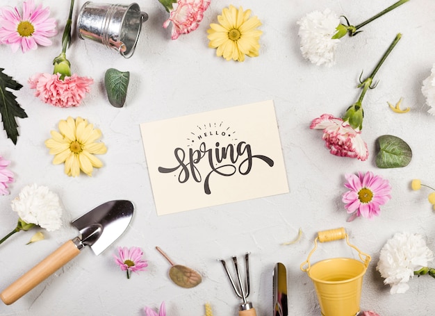 Flat lay of assortment of spring flowers and gardening tools