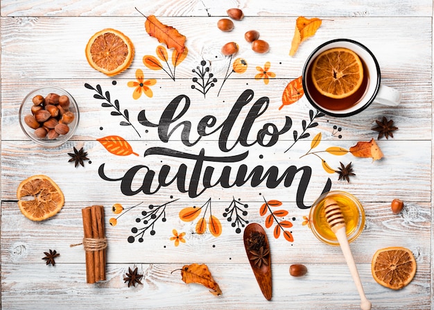 Flat lay autumn arrangement on wooden background