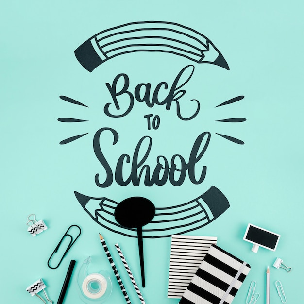 PSD flat lay back to school with blue background