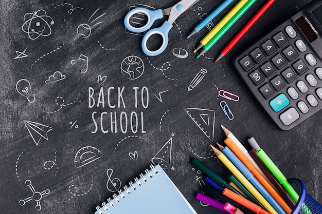 Flat lay back to school with chalk drawings