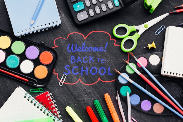 Flat lay back to school with colourful supplies