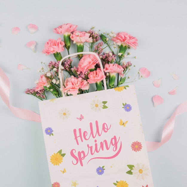 Flat lay bag mockup with spring concept