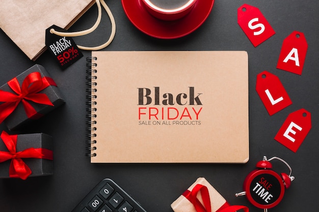 Flat lay of black friday concept mock-up on black background