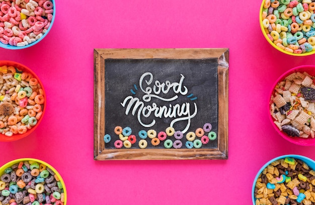 Flat lay of chalkboard mock-up and cereal bowls