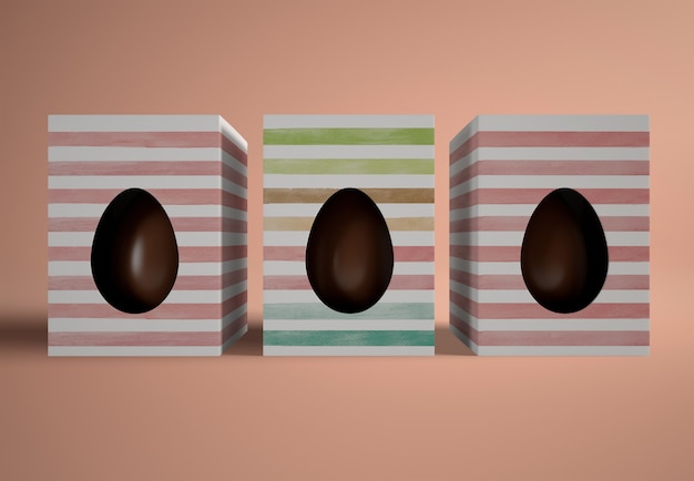 Flat lay chocolate eggs in boxes