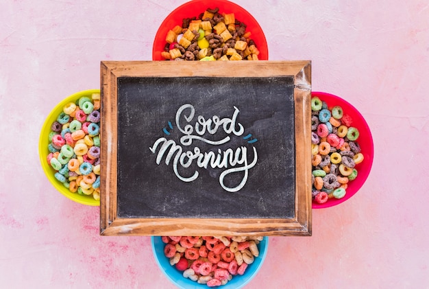 Flat lay of colorful cereals and chalkboard on plain background