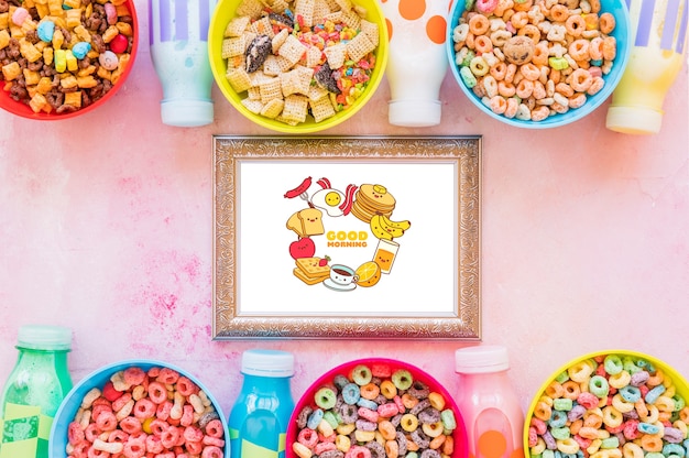 Flat lay of colorful cereals and frame on plain background