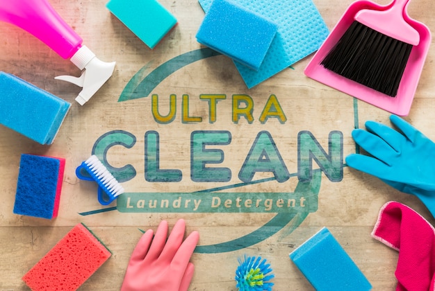 Flat lay colorful cleaning service equipment