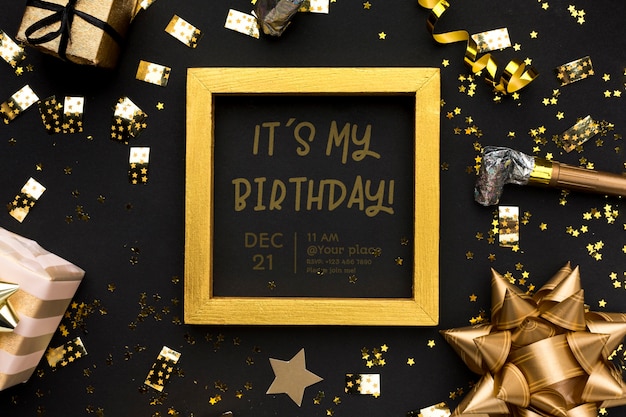 Flat lay confetti with golden frame