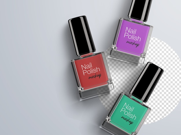 Flat lay cosmetic mockup of colorful nail polish bottles packaging isolated