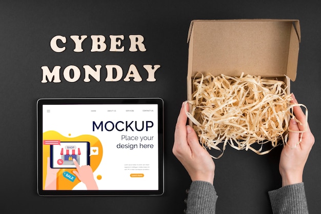 PSD flat lay of cyber monday concept mock-up