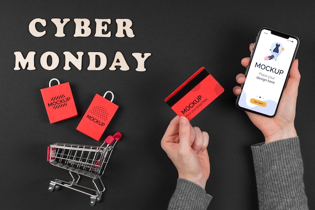 PSD flat lay of cyber monday concept mock-up