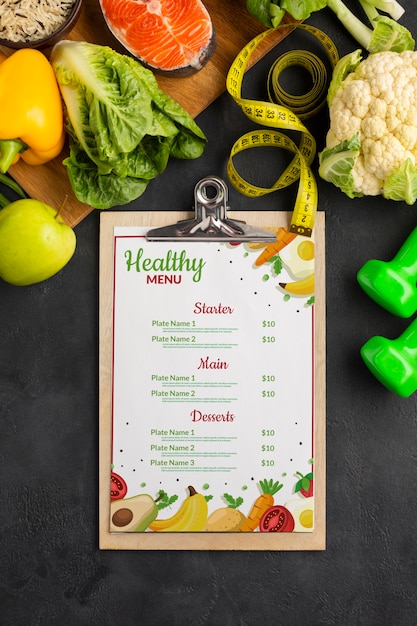 PSD flat lay diet menu with veggies