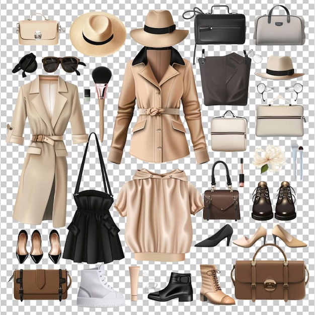 Flat lay fashion women clothes set with cosmetics and accessories isolated on a Transparent background Generative AI on white background