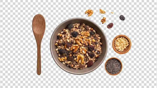 PSD flat lay food arrangement above view dried fruits and poppy seeds with copyspace