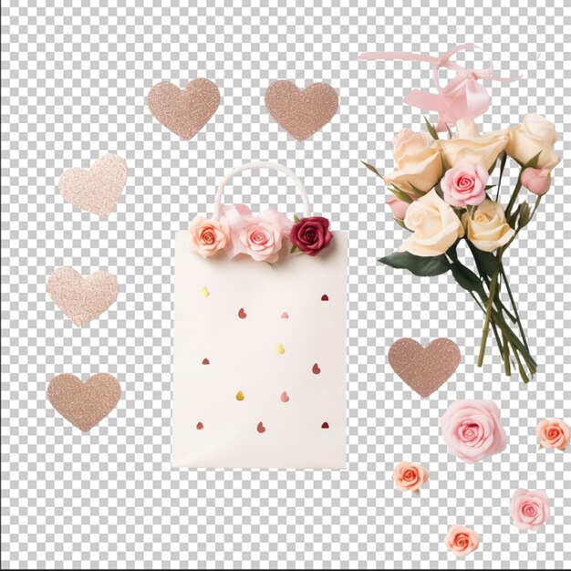 PSD flat lay of gift bag with roses and hearts on white background