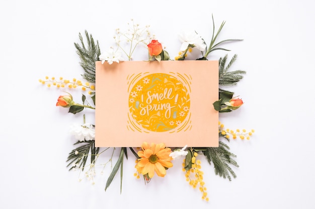 Flat lay greeting card mockup for spring