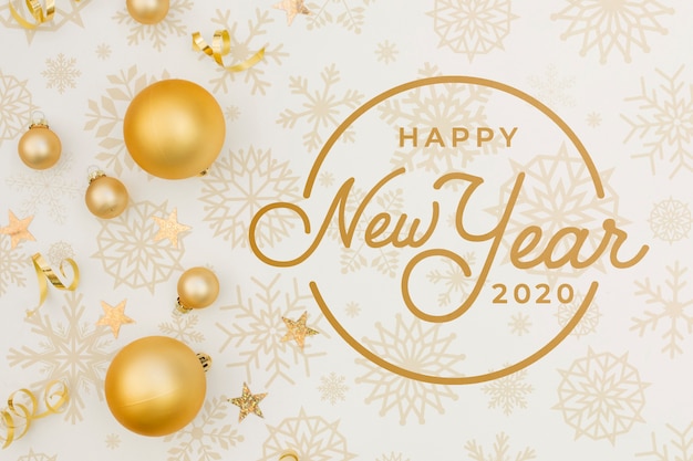 Flat lay happy new year 2020 mock-up with christmas golden balls