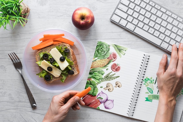 Flat lay of healthy food with notepad mockup