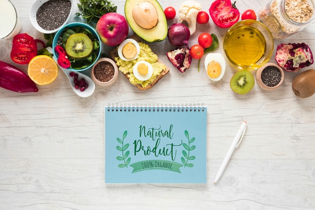 Flat lay of healthy food with notepad mockup