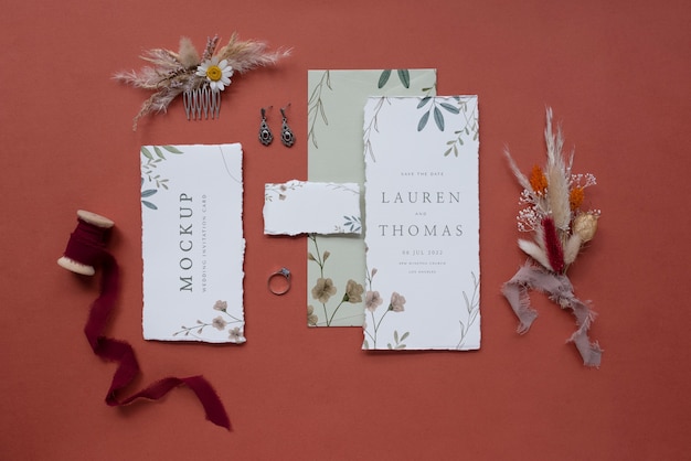 Flat lay of mock-up rustic paper wedding invitation with leaves and flowers