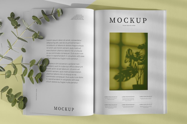 Flat lay nature magazine cover mock-up with leaves composition