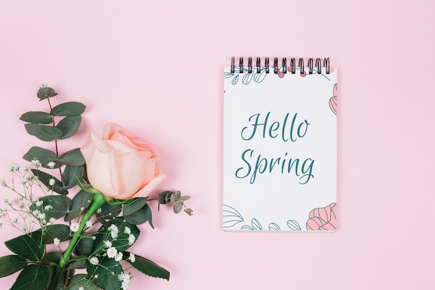 Flat lay notepad mockup with spring concept