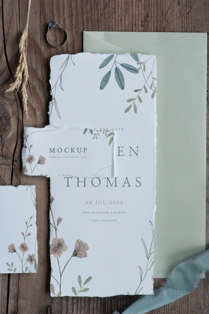 Flat lay of paper mock-up rustic wedding invitation with leaves and flowers