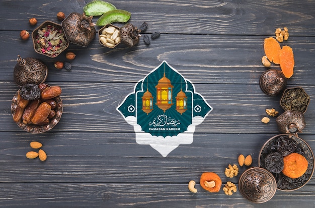 Flat lay ramadan composition with copyspace