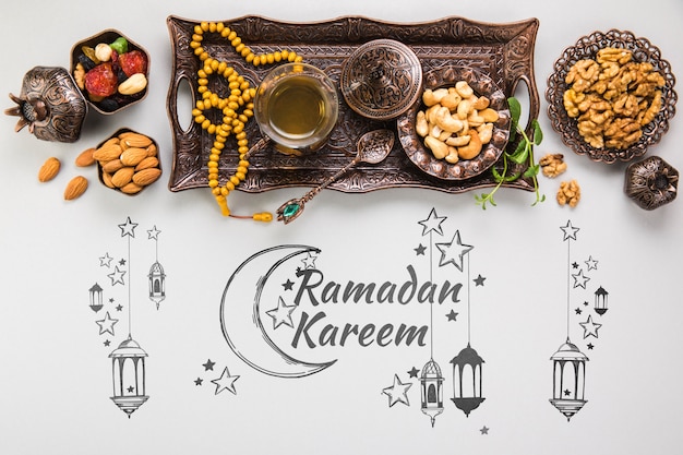 Flat lay ramadan composition with copyspace