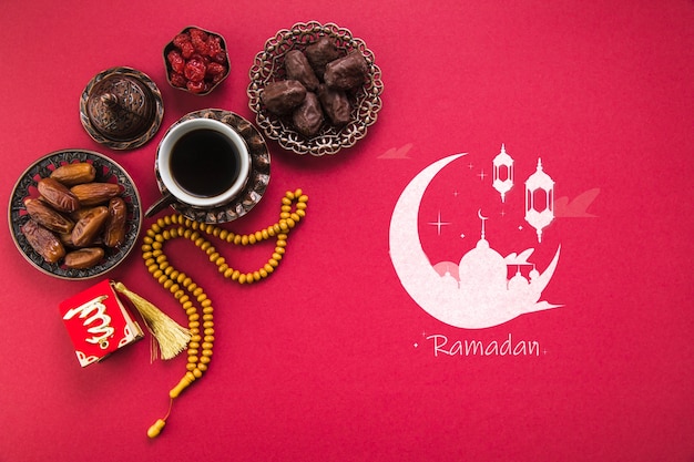 PSD flat lay ramadan composition with copyspace