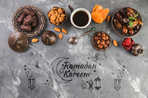 Flat lay ramadan composition with copyspace