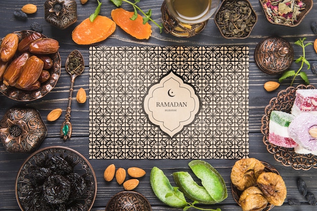 Flat lay ramadan composition with paper card template