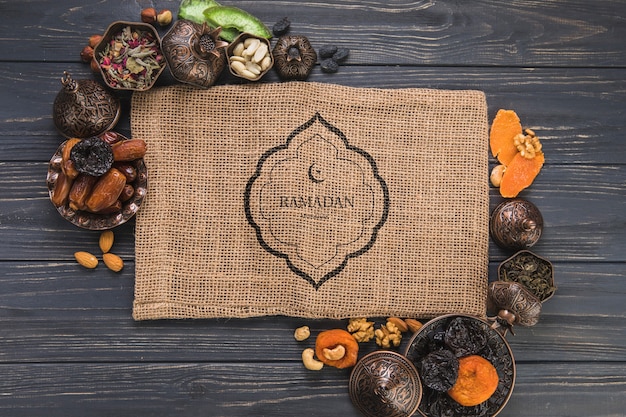 Flat lay ramadan composition with table cloth template