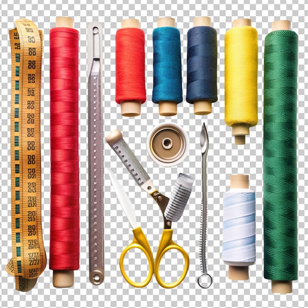 flat lay of sewing material contains the scissors transparent background