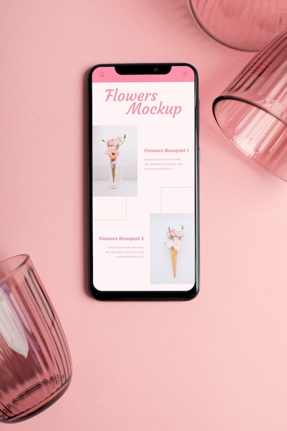 Flat lay smartphone and glasses mockup