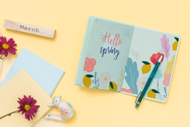 Flat lay spring mockup with book