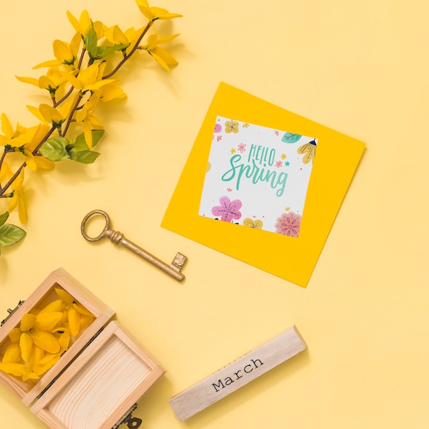 Flat lay spring mockup with greeting card