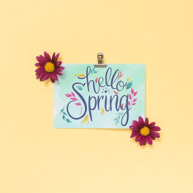 Flat lay spring mockup with greeting card